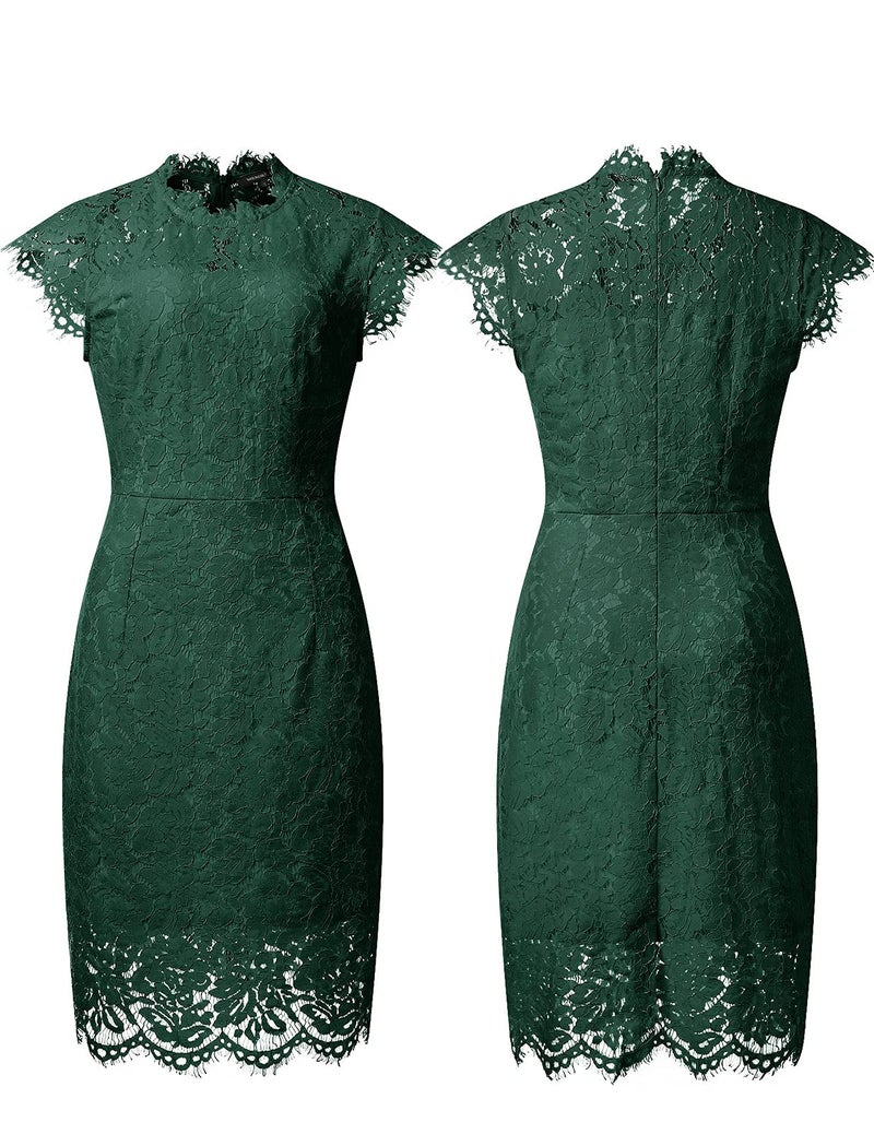 MEROKEETY Women's Sleeveless Lace Floral Elegant Cocktail Dress Crew Neck Knee Length for Party, Dark Green, Medium - Image 4